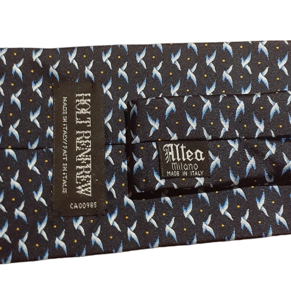Holt Renfrew Altea Milano Men's 100% Silk Tie Dark Blue Bird Print Made in Italy - Picture 4 of 5